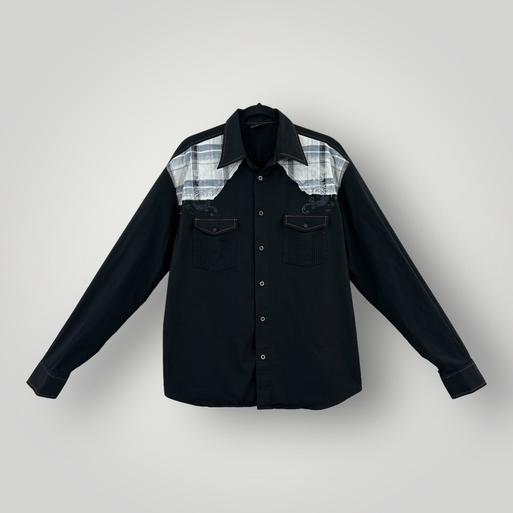 DORAMAFI Dress Shirt Mens Large Black Long Sleeve Button Print Embroidered‎